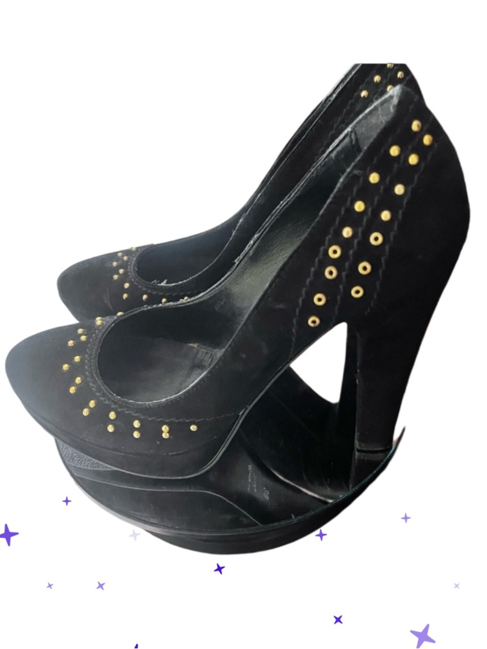 EDEN VERA PELLE BLACK SUEDE GOLD STUDDED BLACK SUEDE HEELS SIZE 38
